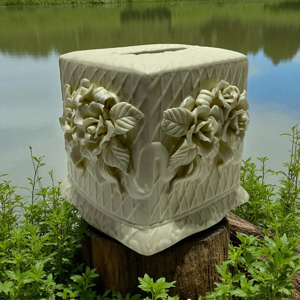 Tissue Box Ceramic Victorian Rose Cover Off-White Elegant 3-D in Ivory Flowers | eBay