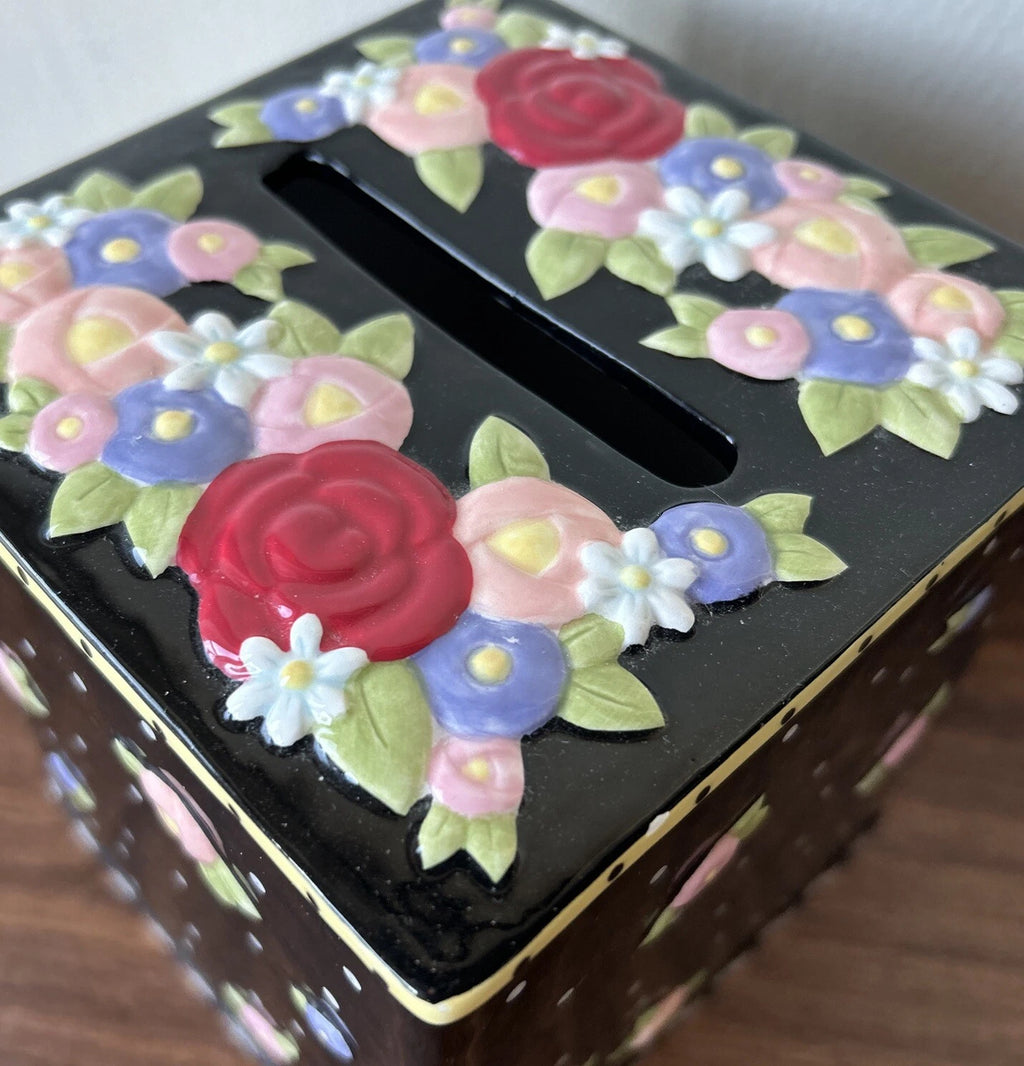 Mary Engelbreit Tissue Box Cover (2000) Porcelain Black with flowers & polka dot | eBay