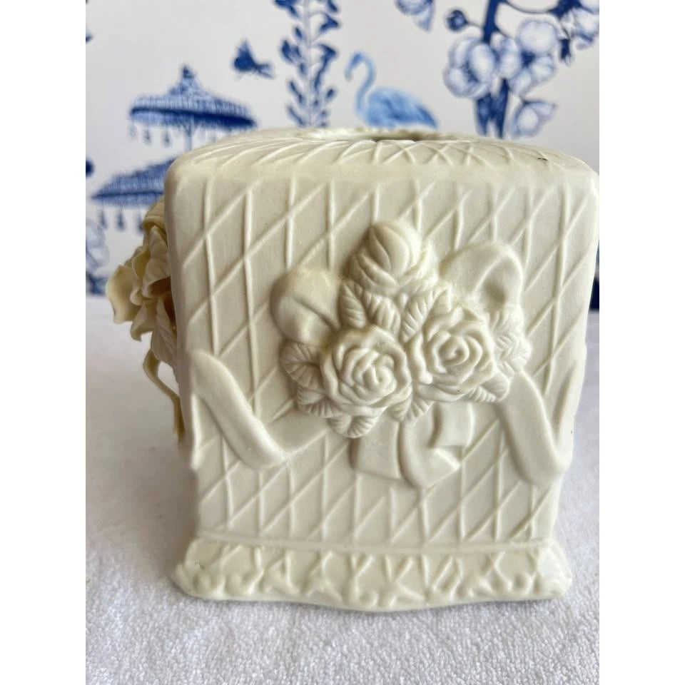 Ceramic Victorian Rose Tissue Box Cover Off-White Elegant 3-D Ivory Flowers 4x5 | eBay