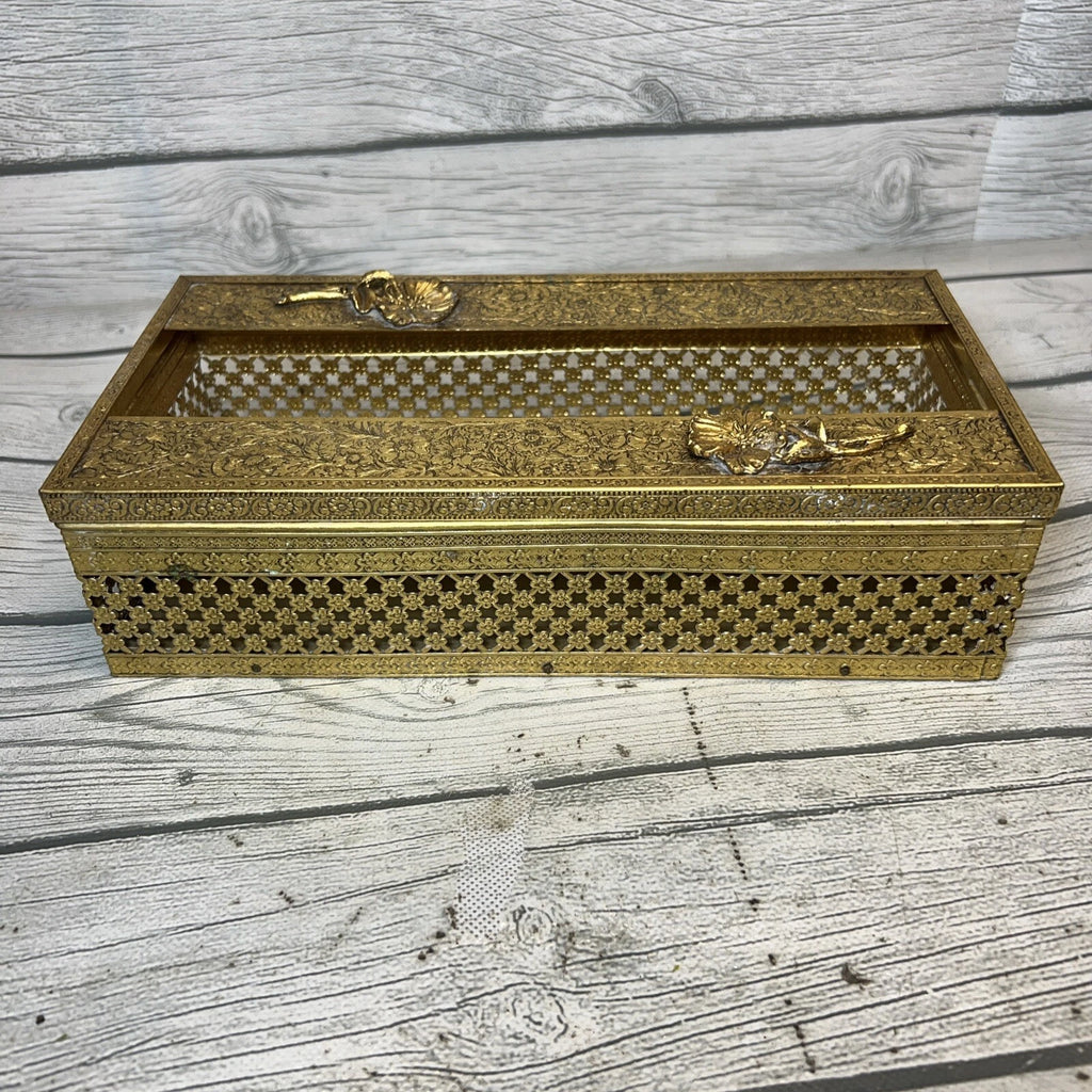 Vintage Gold Metal Filigree Flower Hollywood Regency Art Deco Tissue Box Holder | eBay