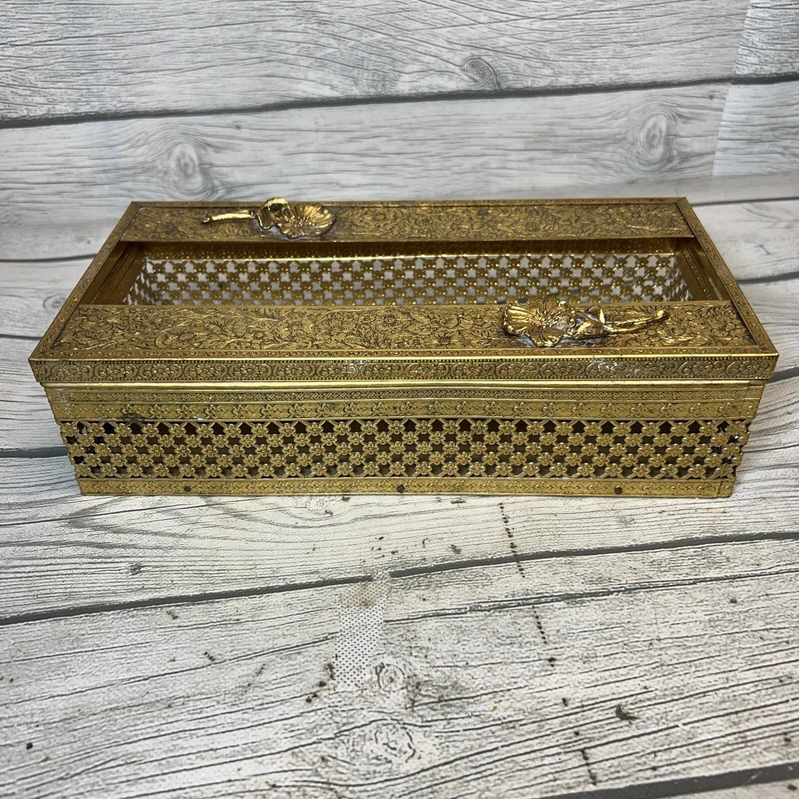 Vintage Gold Metal Filigree Flower Hollywood Regency Art Deco Tissue Box Holder | eBay